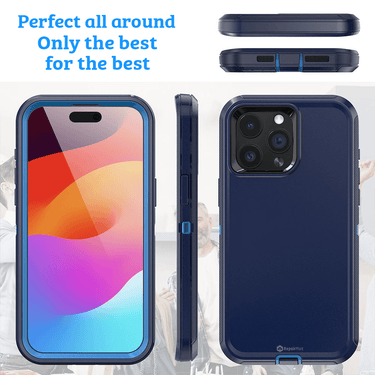 iPhone 15 Rugged Armour Case Cover with 360° Rotation, Belt Clip, and Kickstand - Tough and Shockproof Protection - Navy